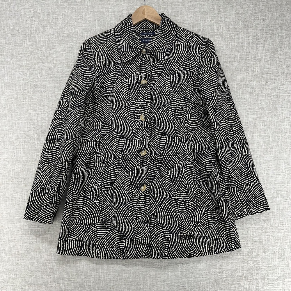 Evan Picone Jacket Womens Large Black White Geometric Tweed Button Front Stretch